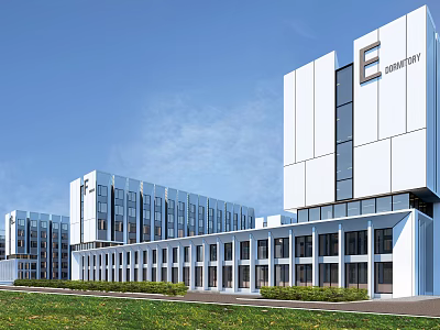 Modern Industrial Factory Building Exterior With White Facade And Glass Curtain Wall Design 3d model