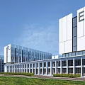 Modern Industrial Factory Building Exterior With White Facade And Glass Curtain Wall Design