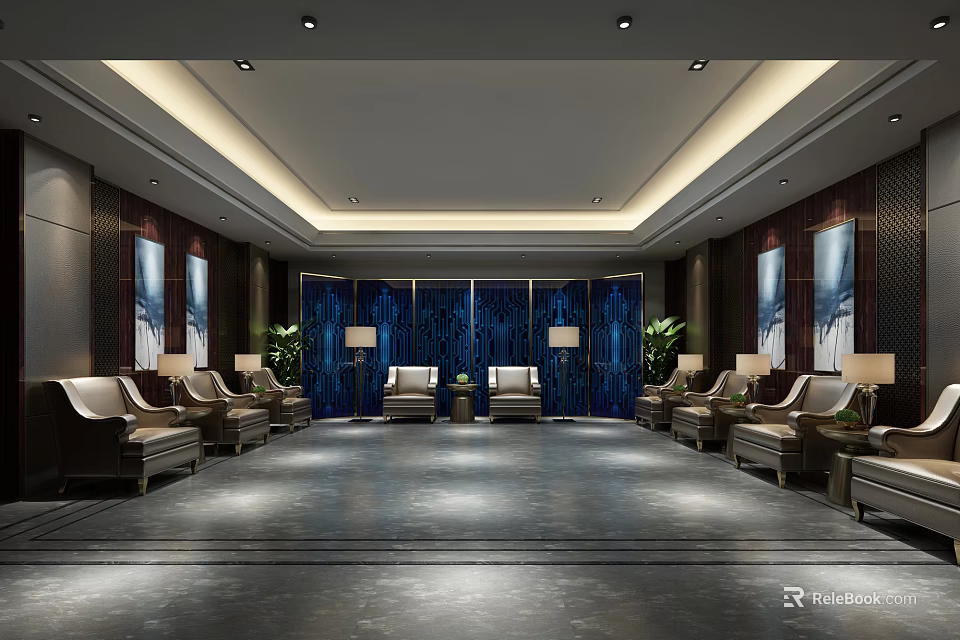 Elegant Hotel Public Lounge Area With Comfortable Sofas Armchairs Decorative Paintings And Ambient Lighting 3d model 