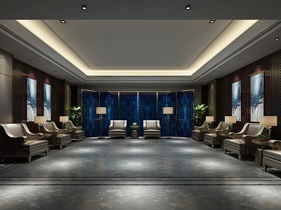 Elegant Hotel Public Lounge Area With Comfortable Sofas Armchairs Decorative Paintings And Ambient Lighting 3d model