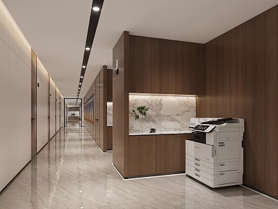 Modern Office Corridor Design With Wooden Panel Walls Polished Marble Floor And Copy Machine 3d model