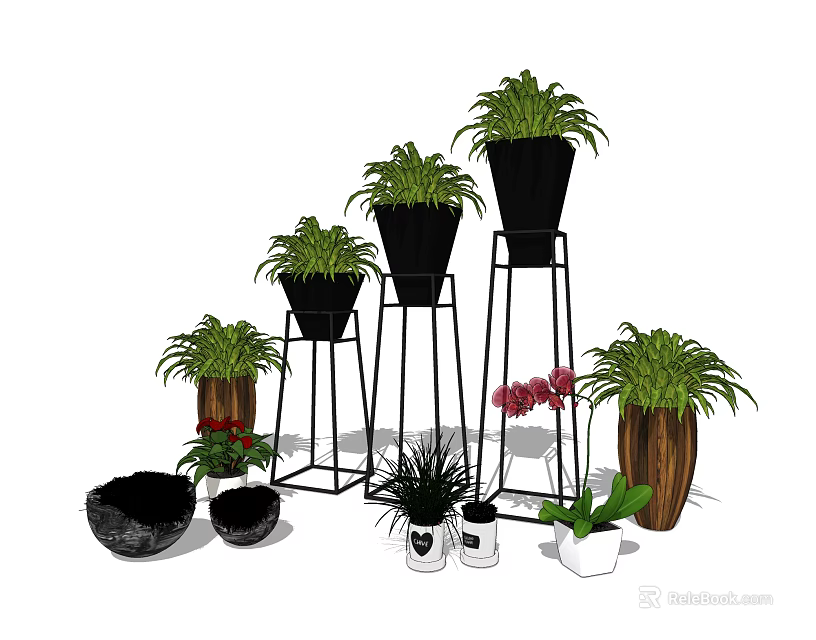 Bonsai Potted Plants with Black Metal Stands and Wooden Pots for Indoor Green Decor 3d model 