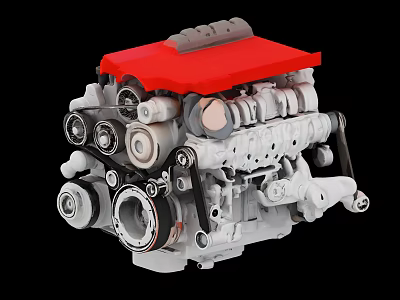 Detailed Automotive Engine Featuring Red Cover Pulleys Gears And Cylinders 3d model