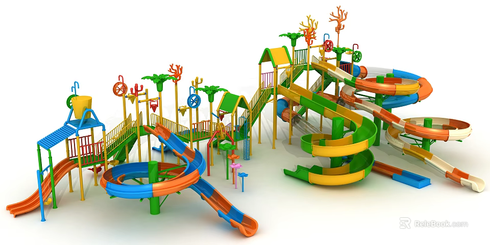 Colorful Playground Equipment With Multiple Slides Climbing Structures And Safe Platforms 3d model 