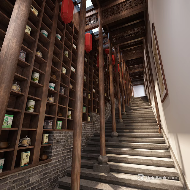 Traditional Teahouse Interior With Wooden Shelves Tea Sets Red Lanterns And Staircase Design 3d model 