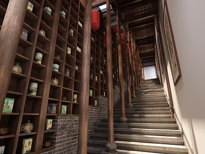 Traditional Teahouse Interior With Wooden Shelves Tea Sets Red Lanterns And Staircase Design 3d model