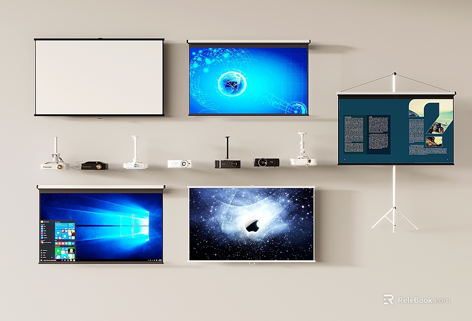 Different Types of Projection Monitoring Screens with Wall Mounted and Stand Equipment 3d model 