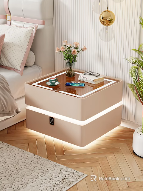 Modern Beige Bedside Table With LED Lights Storage Drawer Vase Pink Flowers Book Phone 3d model 