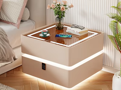 Modern Beige Bedside Table With LED Lights Storage Drawer Vase Pink Flowers Book Phone 3d model