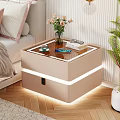Modern Beige Bedside Table With LED Lights Storage Drawer Vase Pink Flowers Book Phone