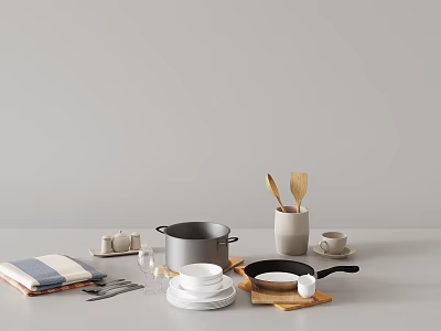 Stylish Tableware Set with Pot Bowls Plates Mugs Spoons Napkins and Cutlery 3d model