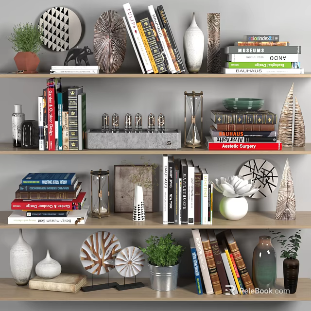 Decorative Ornament Collection On Shelves With Books Green Plants And Geometric Decor 3d model 