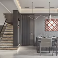Modern Living Dining Room Interior With Grey Walls Red Circular Artwork And Marble Panel