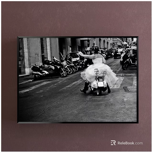 Black and White Bridal Couple Portrait Painting With Scooter Street Scene And Motorcycles 3d model 