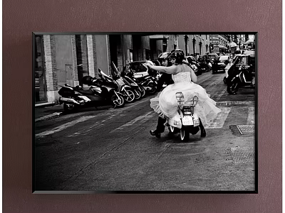 Black and White Bridal Couple Portrait Painting With Scooter Street Scene And Motorcycles 3d model