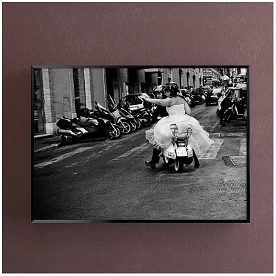Black and White Bridal Couple Portrait Painting With Scooter Street Scene And Motorcycles 3d model