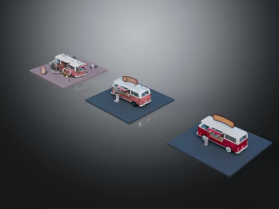 Red And White Food Truck Models With Top Signboard Displayed On Platforms 3d model