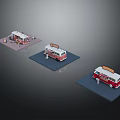 Red And White Food Truck Models With Top Signboard Displayed On Platforms