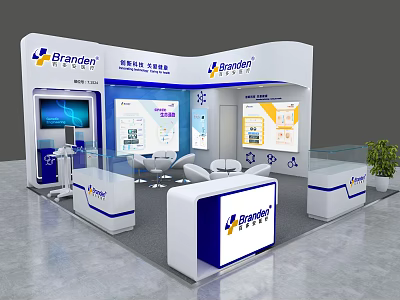 Modern Brandori Exhibition Booth With White Blue Design Screen Seating And Information Panels 3d model
