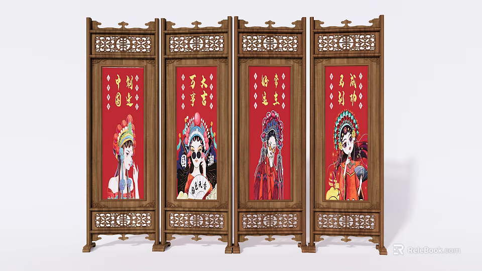 Traditional Chinese Wooden Screen With Carved Frame Peking Opera Figures Red Backdrop And Golden Characters 3d model 