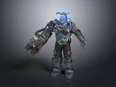 Futuristic Biomechanical Character In Heavy Mechanical Armor With Transparent Helmet And Arm Device 3d model