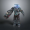 Futuristic Biomechanical Character In Heavy Mechanical Armor With Transparent Helmet And Arm Device