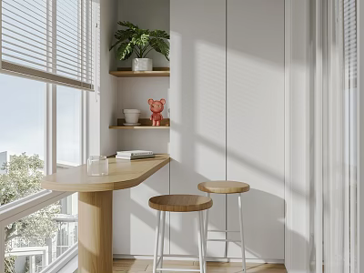 Home Balcony With Wooden Bar Counter Two Stools Green Plant White Cabinet And Natural Light 3d model