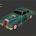 Blue Vintage Classic Car With Emblem Round Headlights And Silver Wheels