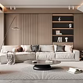 Modern Living Room Interior Design With Beige Sofa Black Round Coffee Table Wooden Wall Bookshelves