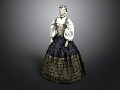 Vintage Women's Dress With White Puffed Sleeves And Dark Lace Pattern Skirt 3d model