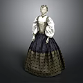 Vintage Women's Dress With White Puffed Sleeves And Dark Lace Pattern Skirt