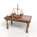 Vintage Wooden Table With Balance Scale And Scrolls As Household Items