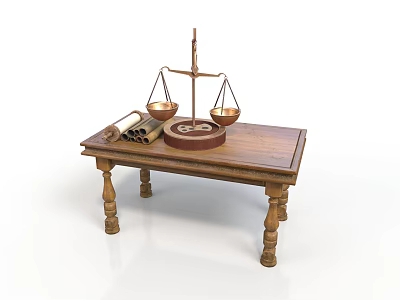 Vintage Wooden Table With Balance Scale And Scrolls As Household Items 3d model