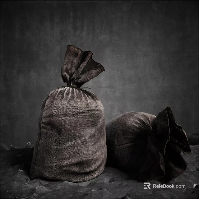 Dark Decorative Ornament Set Featuring Two Burlap Bags with Folded Top Knots on Dark Wall 3d model 