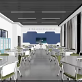 School Modern Classroom With White Tables Green Chairs Blue Wall And Storage Cabinets