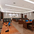 Courtroom Interior with Judge's Bench Audience Seats Large Screens Wooden Furniture and National Emblem