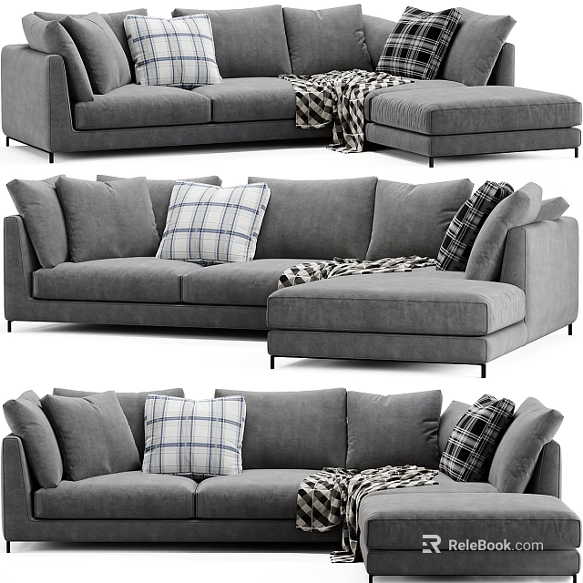 Modern Gray Sectional Sofa With Plaid Pillows And Throw Blanket 3d model