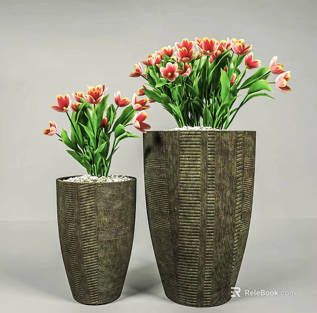 Potted Plants With Red Yellow Flowers In Dark Green Textured Vases And White Pebbles 3d model 