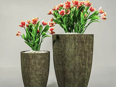 Potted Plants With Red Yellow Flowers In Dark Green Textured Vases And White Pebbles 3d model