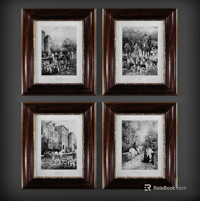 Framed Black And White Vintage Landscape Paintings With Buildings And Figures 3d model 
