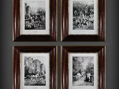 Framed Black And White Vintage Landscape Paintings With Buildings And Figures 3d model