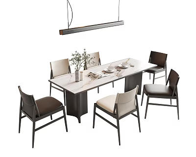 Modern Dining Table Chairs With Marble Top Black Beige Upholstered Seats Vase And Pendant Light 3d model