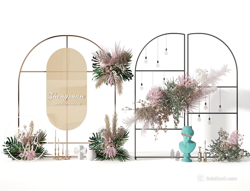 Elegant Garden Decor With Arched Metal Frames Pink Purple Blooms Greenery And Turquoise Vase 3d model 