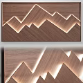 Bedroom Accent Wall Design with Wooden Mountain Pattern and Copper Frame Lighting 3d model
