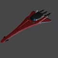 Red Streamlined Spaceship With Three Engines Emitting Blue Light Against Black Background