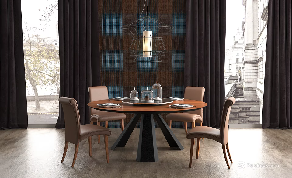 Elegant Round Dining Table Set With Light Brown Chairs Hanging Pendant Light And Checkered Wall 3d model