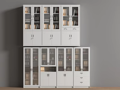 White File Cabinets With Glass Doors Two Levels Multiple Compartments Storing Books And Documents 3d model