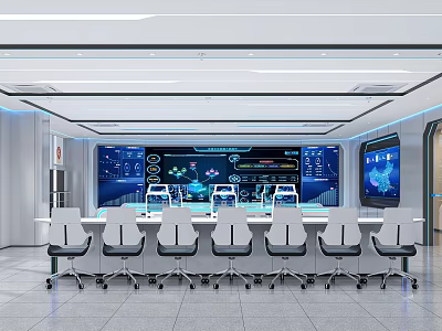 Modern High Tech Monitoring Room Interior With Multiple Screens Control Consoles Data Displays 3d model