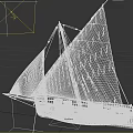 Vintage Wooden Sailboat With Two Gray Sails Jib With Diamond Pattern and Main Sail Details