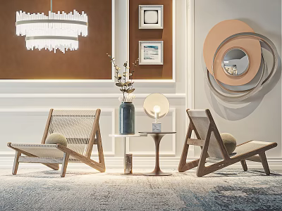 Modern Leisure Chairs in Contemporary Living Room with Chandelier Wall Art Round Mirror and Rug 3d model